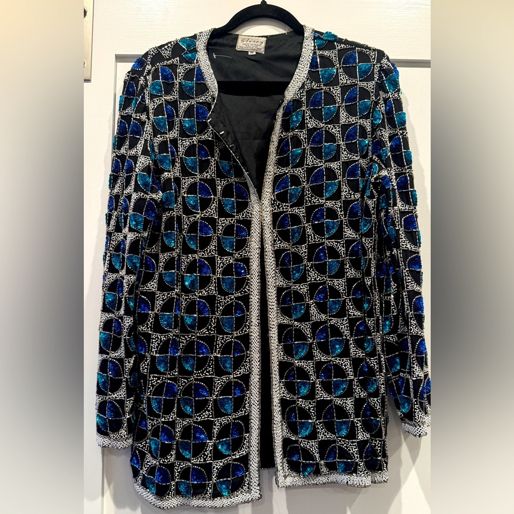Vintage beaded & Sequin Black Silk Jacket Open-Front /Hook & Eye Closure, medium